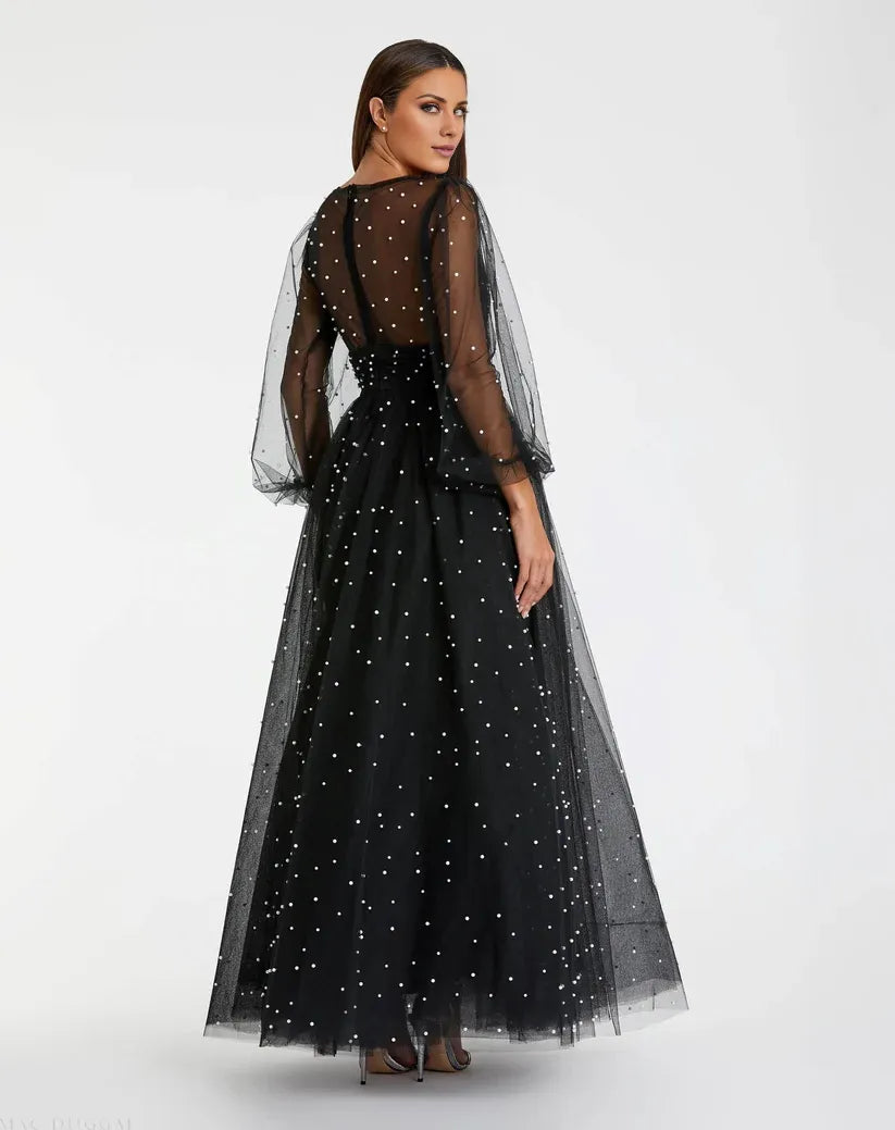 Charming A-Line V Neck Long Sheer Sleeve Zipper Up Floor-Length Prom Dress